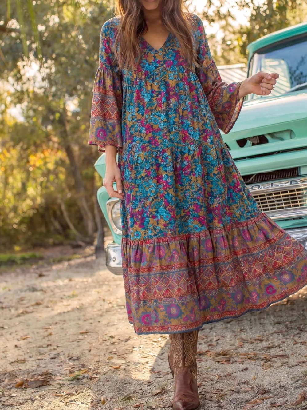 Natural Life Floral Teal Midi Dress with Puff Sleeves - Picture 3 of 3